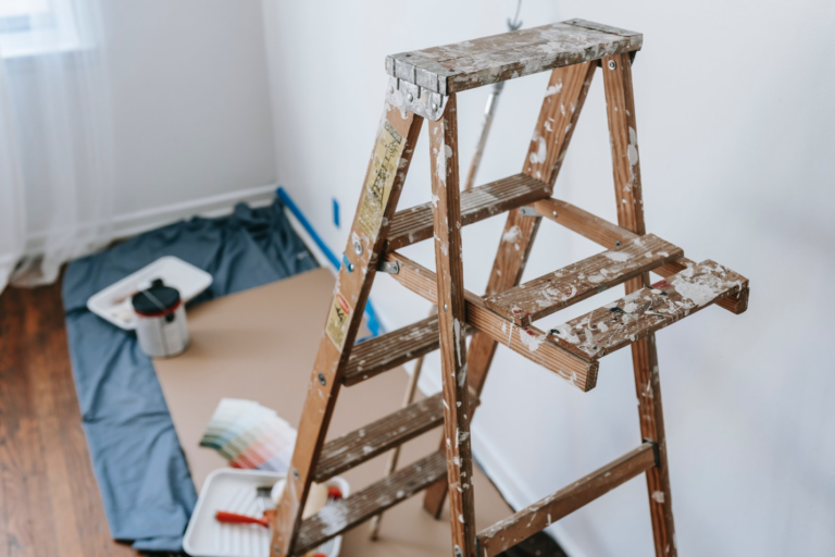 several painting equipment and ladder