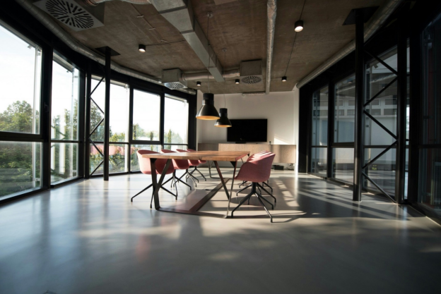 a conference room with an industrial chic design